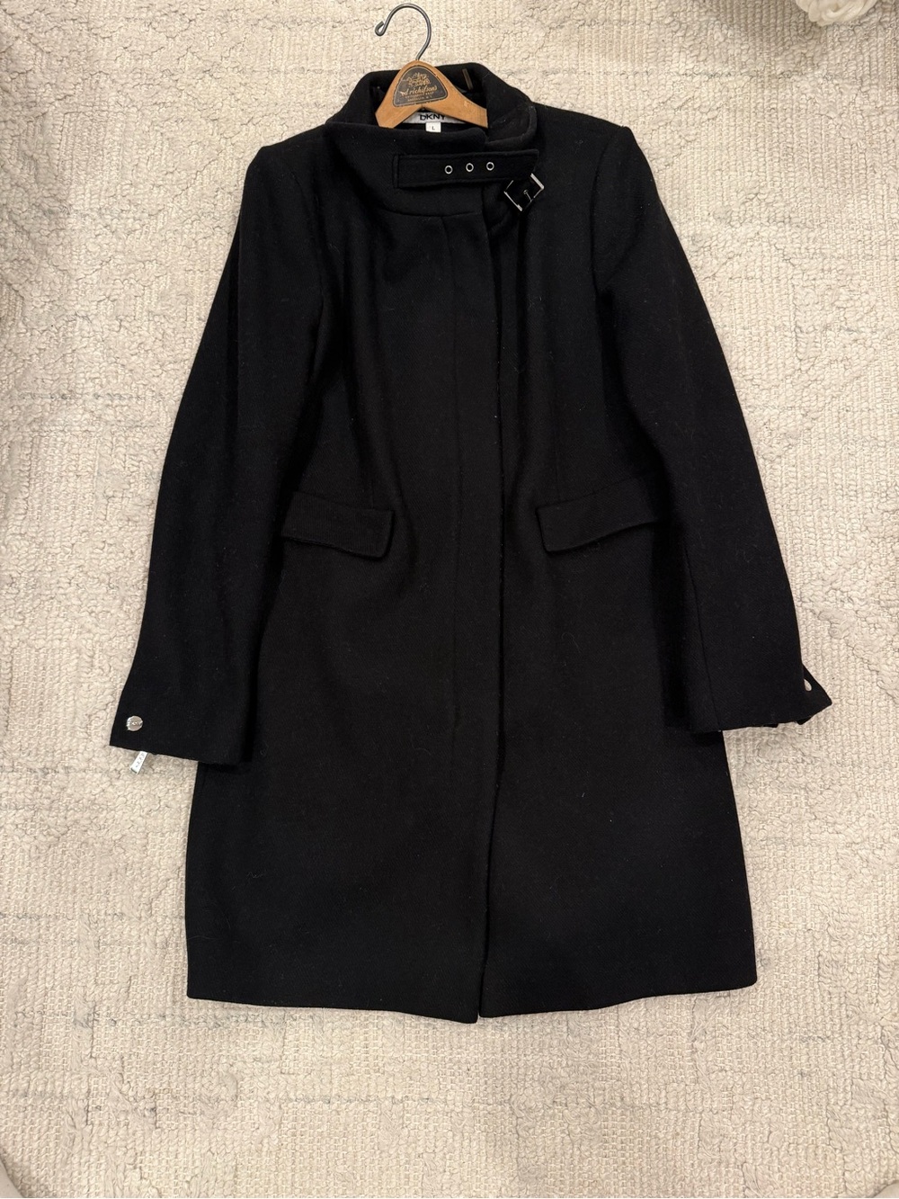 DKNY Black Wool Blend Funnel Neck Coat Buckle Collar Size L